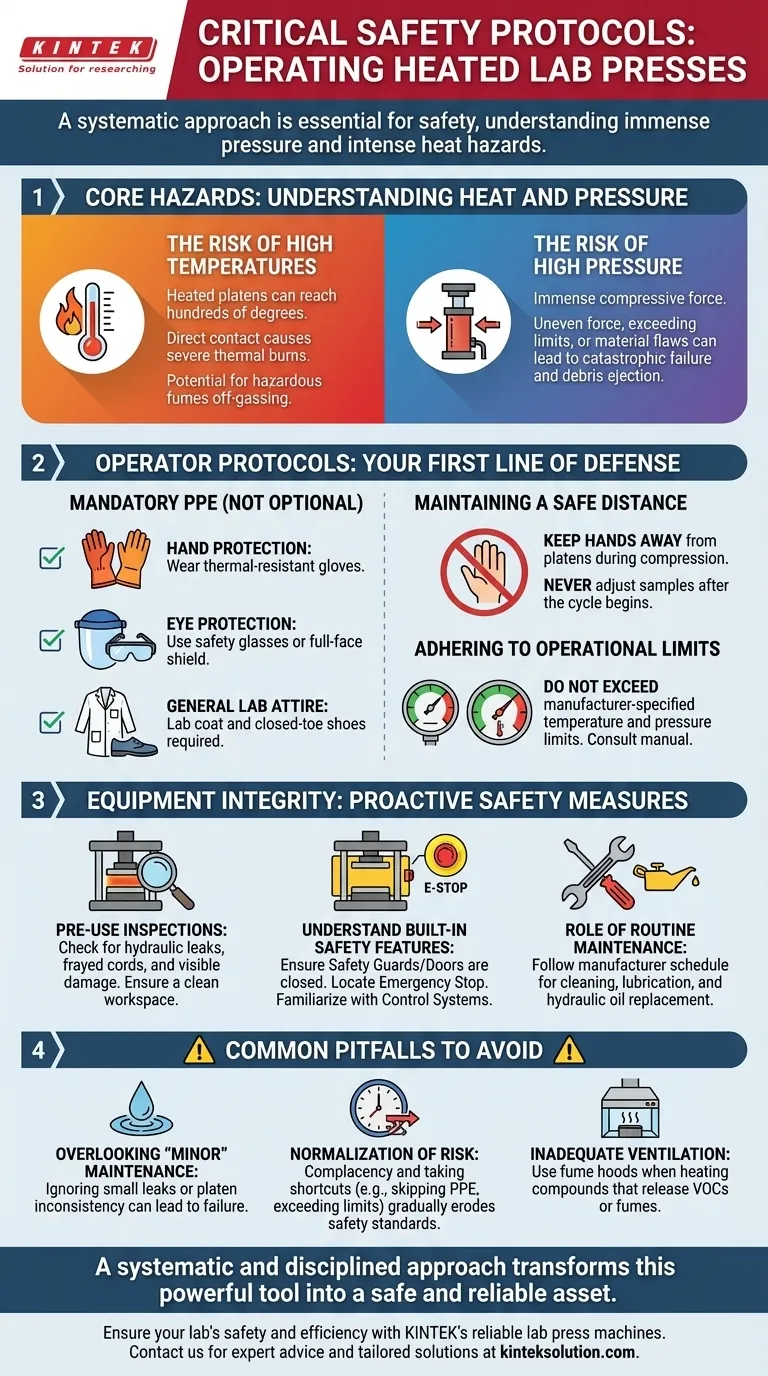 Каковы критически важные протоколы безопасности для работы с нагревательными лабораторными прессами? Обеспечьте безопасную и эффективную работу лаборатории Визуальное руководство