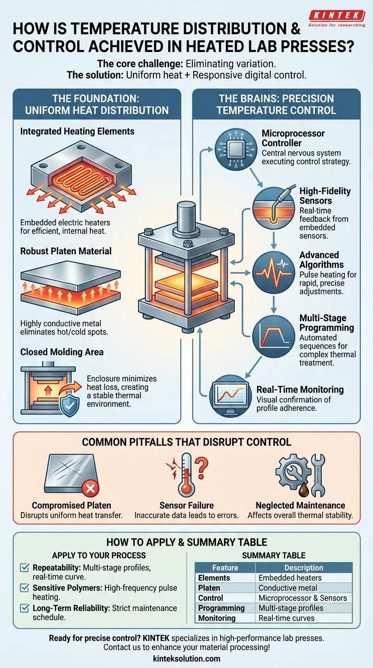 Como são alcançadas a distribuição e o controle da temperatura em prensas de laboratório aquecidas? Garanta Precisão e Uniformidade para Seus Materiais Guia Visual