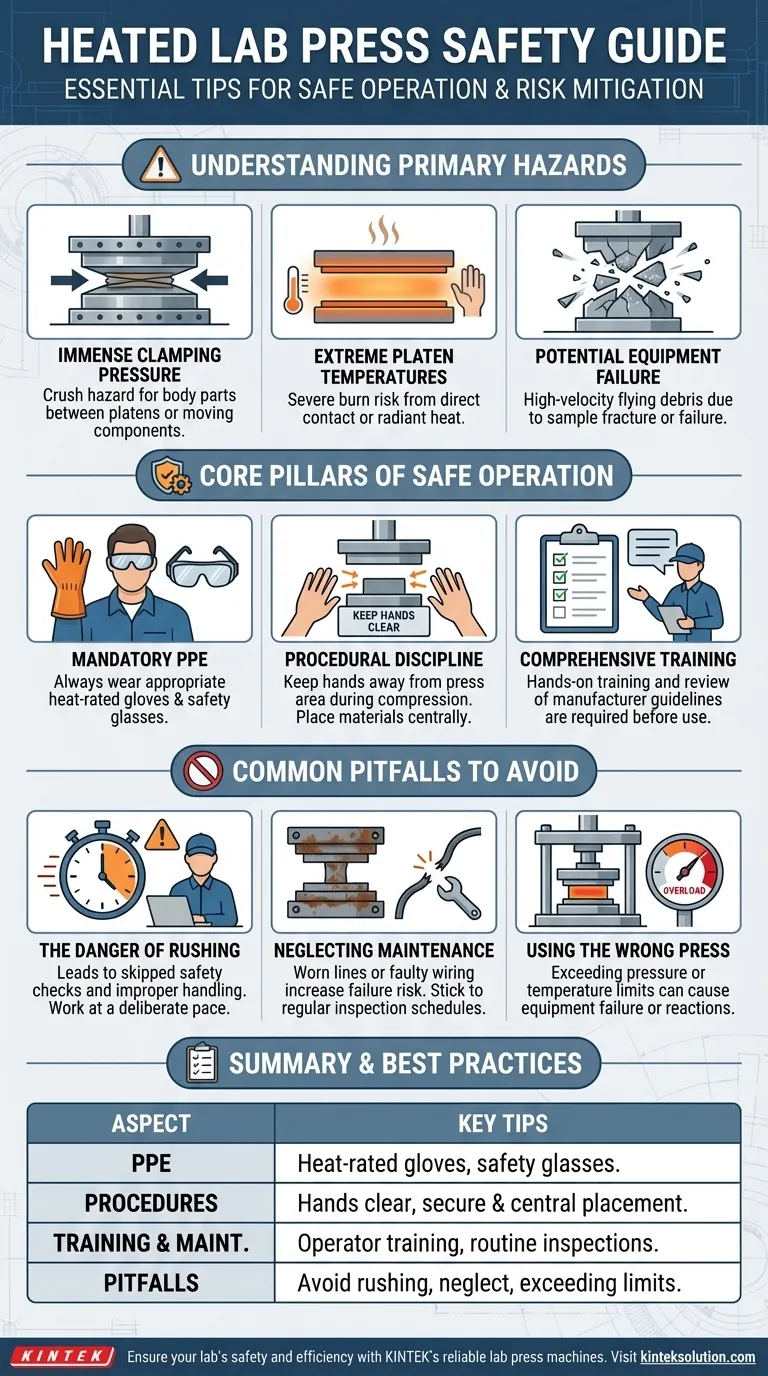 ¿Qué consejos de seguridad deben seguirse al operar una prensa de laboratorio calentada? Garantice la protección del operador y prevenga accidentes Guía Visual