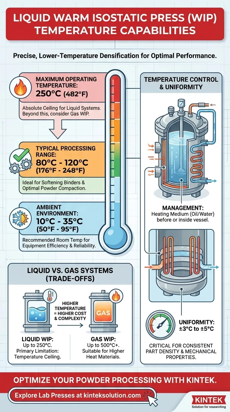 What are the temperature capabilities of Liquid Warm Isostatic Presses? Optimize Your Powder Compaction Process Visual Guide