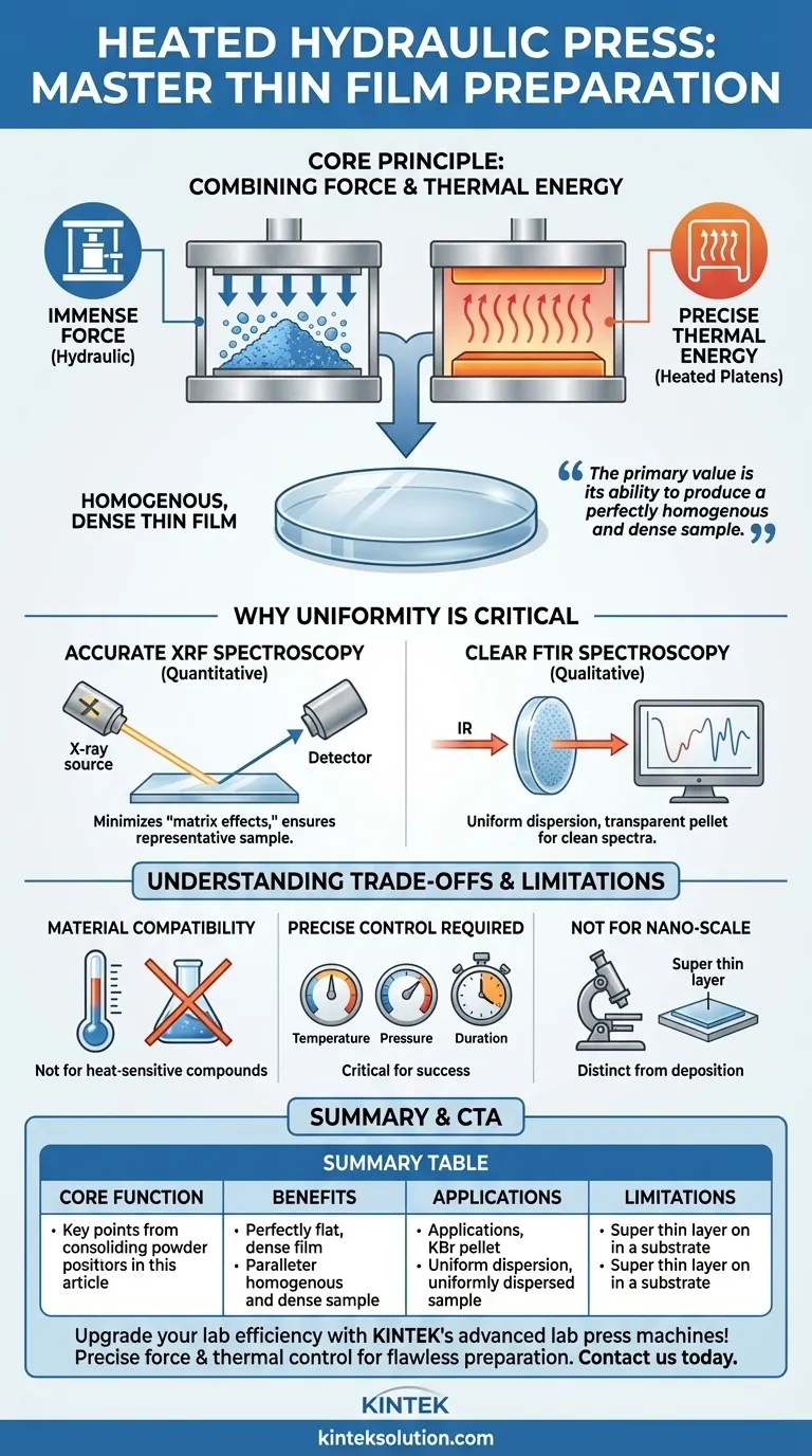 How does a heated hydraulic press assist in thin film preparation? Achieve Uniform Films for Accurate Analysis Visual Guide