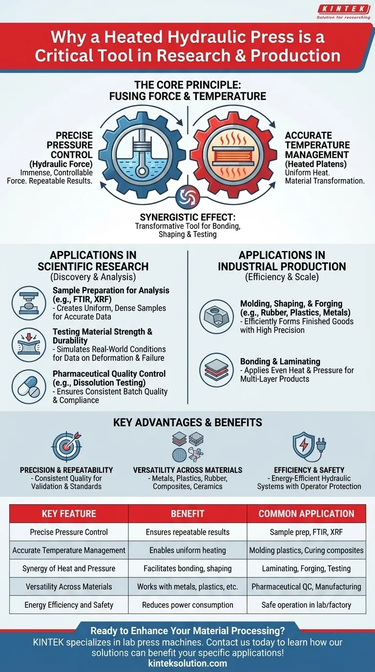 Por que uma prensa hidráulica aquecida é considerada uma ferramenta crítica em ambientes de pesquisa e produção? Desbloqueie Precisão e Eficiência no Processamento de Materiais Guia Visual