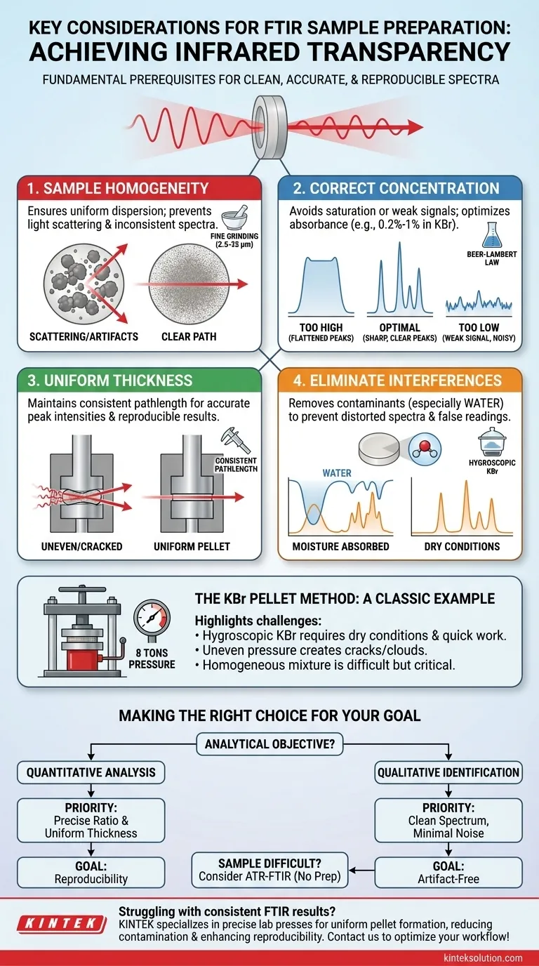 ما هي الاعتبارات الرئيسية لإعداد العينات في تحليل FTIR؟ ضمان تحديد كيميائي دقيق دليل مرئي