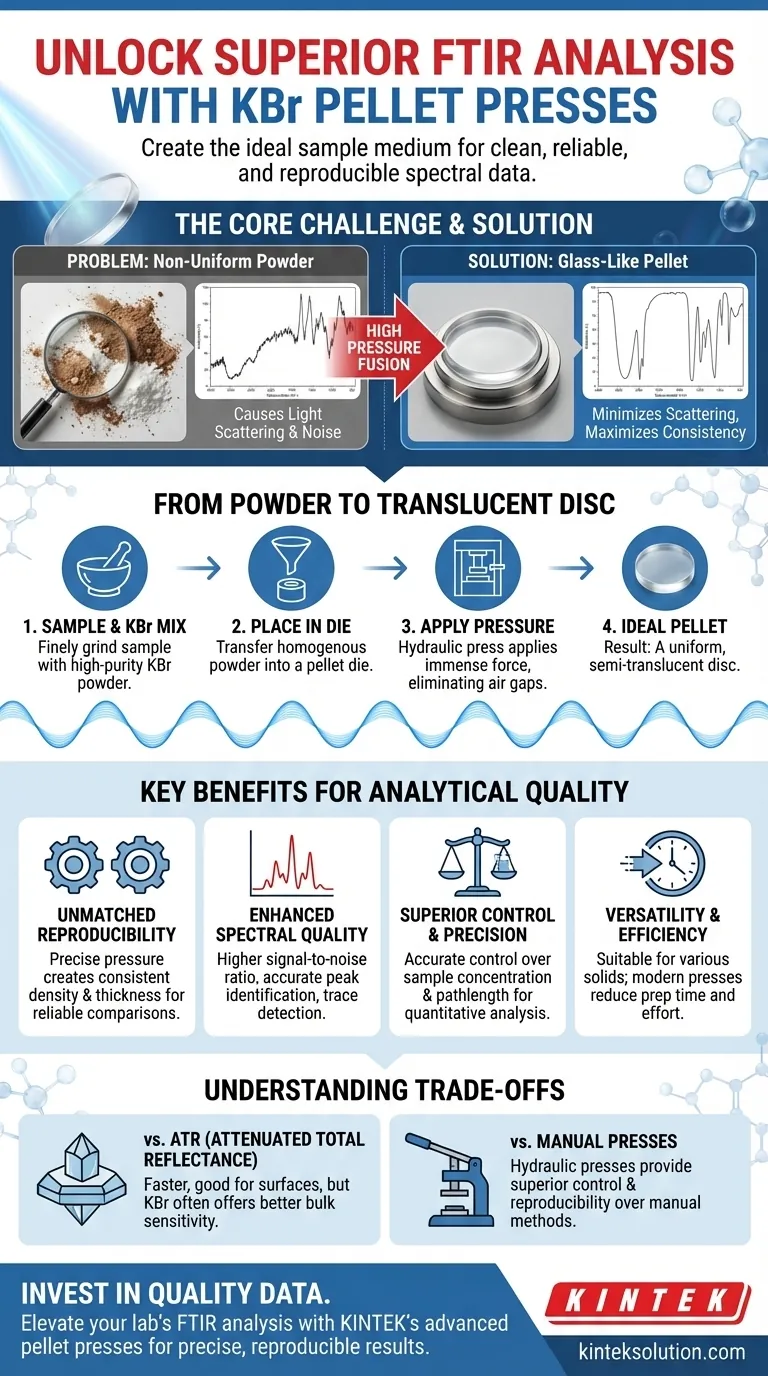 What are the benefits of using pellet presses for FTIR analysis? Achieve Superior Spectral Quality and Reproducibility Visual Guide