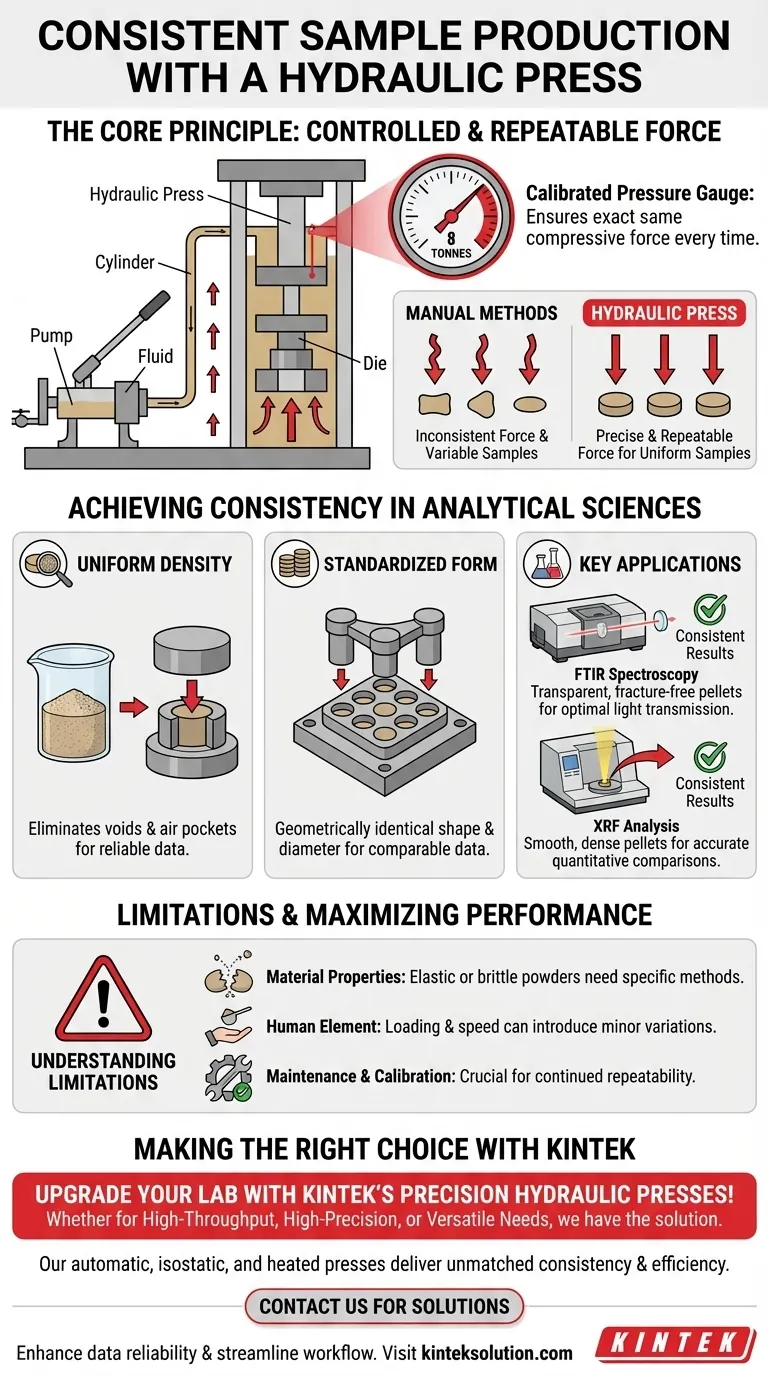 Как гидравлические прессы обеспечивают стабильное производство образцов? Добивайтесь надежных результатов с помощью точного контроля усилия Визуальное руководство