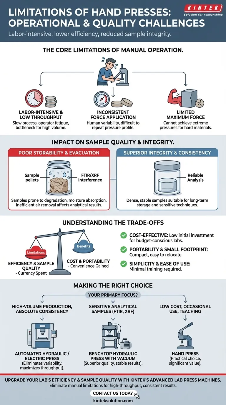 Каковы ограничения ручных прессов? Выявите ключевые недостатки для эффективности лаборатории Визуальное руководство