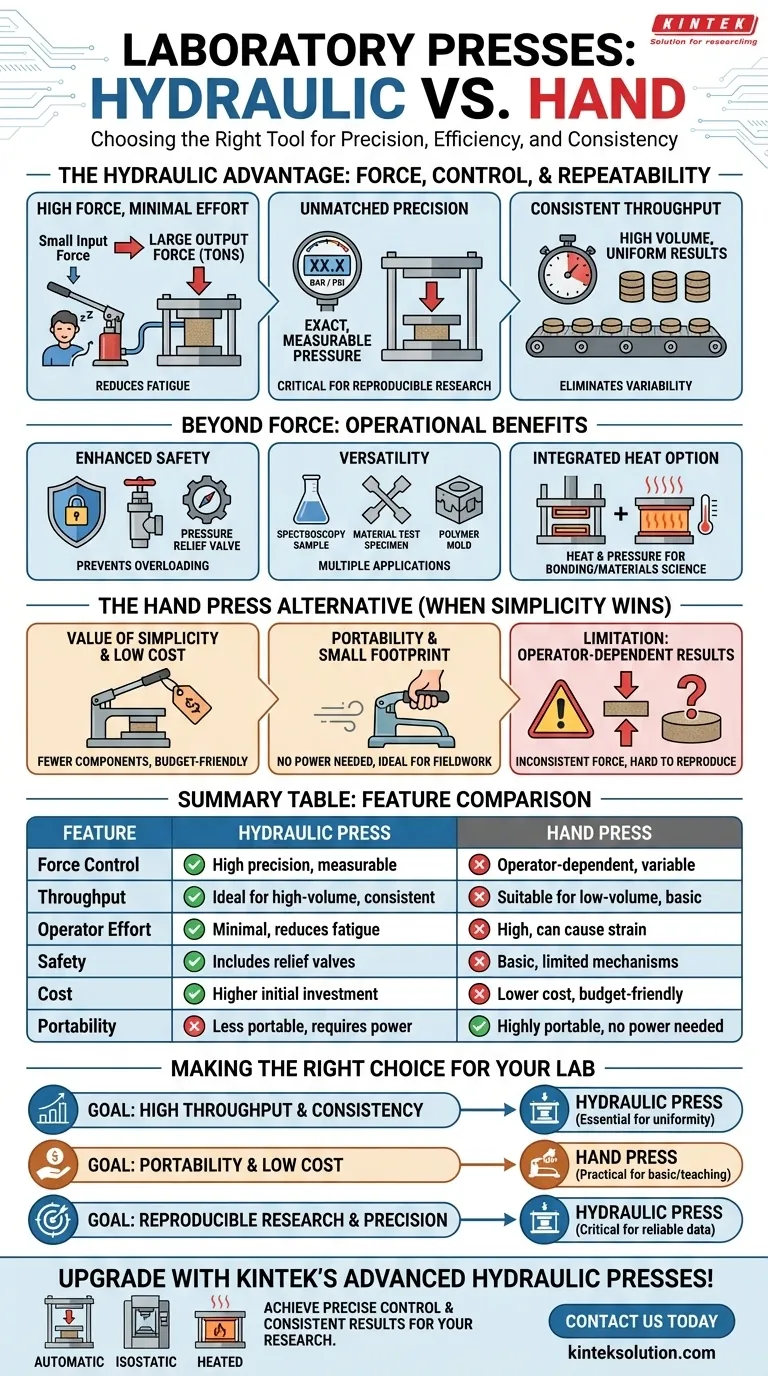 在实验室环境中，液压机可能比手动压机更受青睐的原因是什么？ 提高您实验室的效率和一致性 图解指南