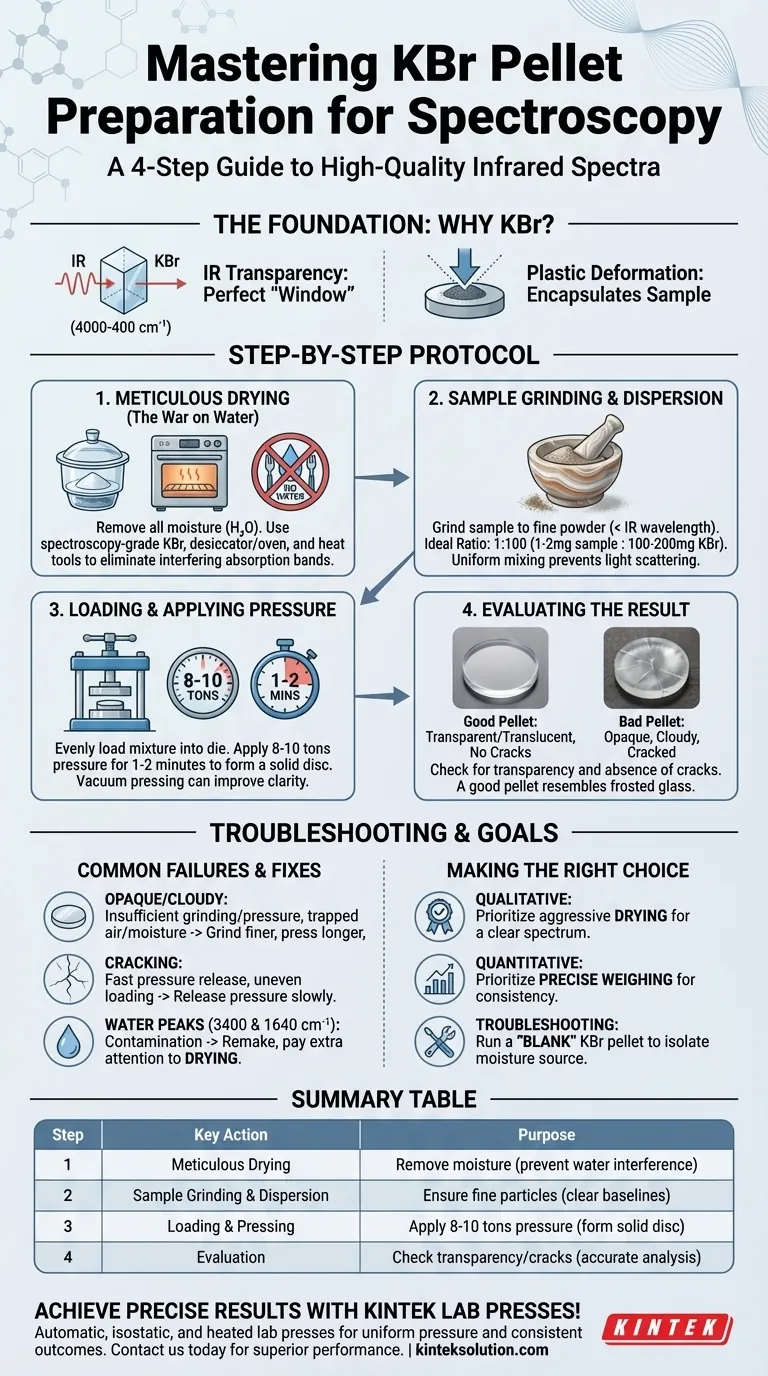 Quais são os passos chave na preparação de pastilhas de KBr para espectroscopia? Domine a Análise por IV com Espectros Claros e Precisos Guia Visual