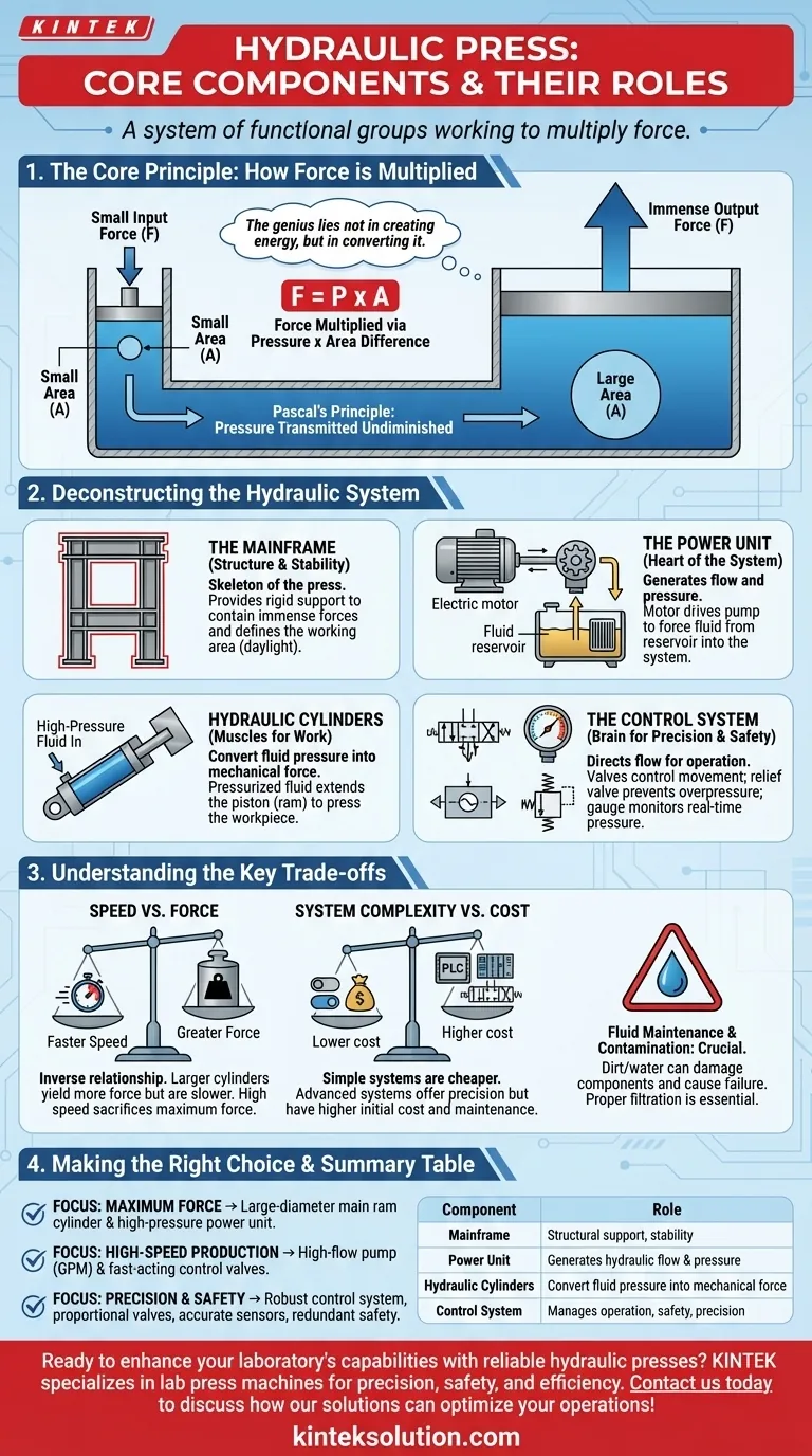 유압 프레스의 주요 구성 요소와 그 역할은 무엇입니까? 힘을 효율적으로 증폭시키는 방법을 알아보십시오 시각적 가이드