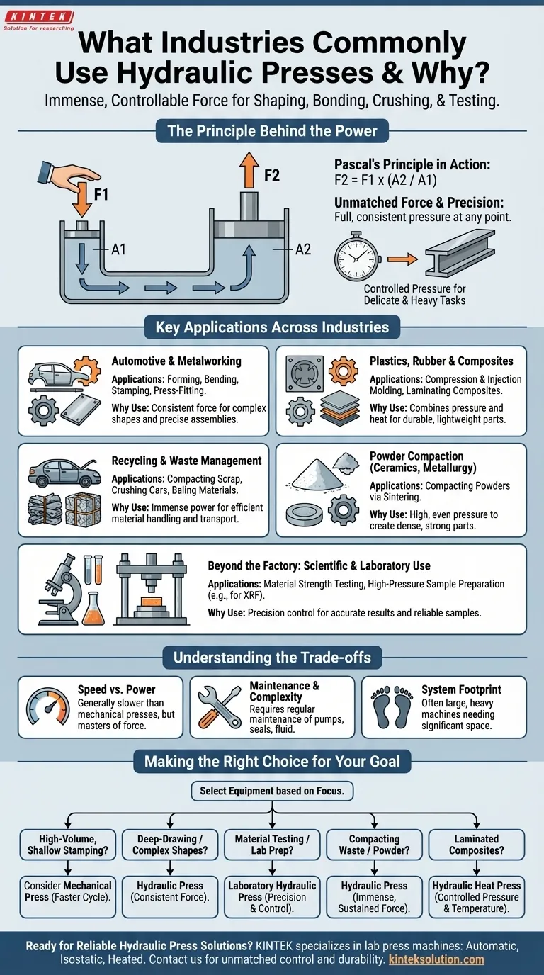 ¿Qué industrias utilizan comúnmente las prensas hidráulicas y por qué? Descubra su potencia versátil en la automoción, el reciclaje y los laboratorios Guía Visual