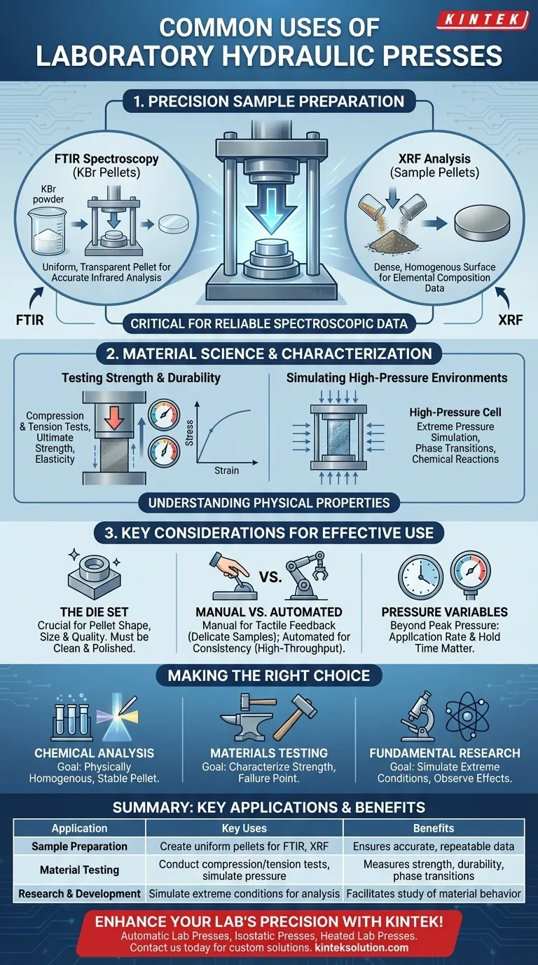 Каково типичное применение лабораторных гидравлических прессов? Незаменимы для точной подготовки образцов и испытания материалов Визуальное руководство