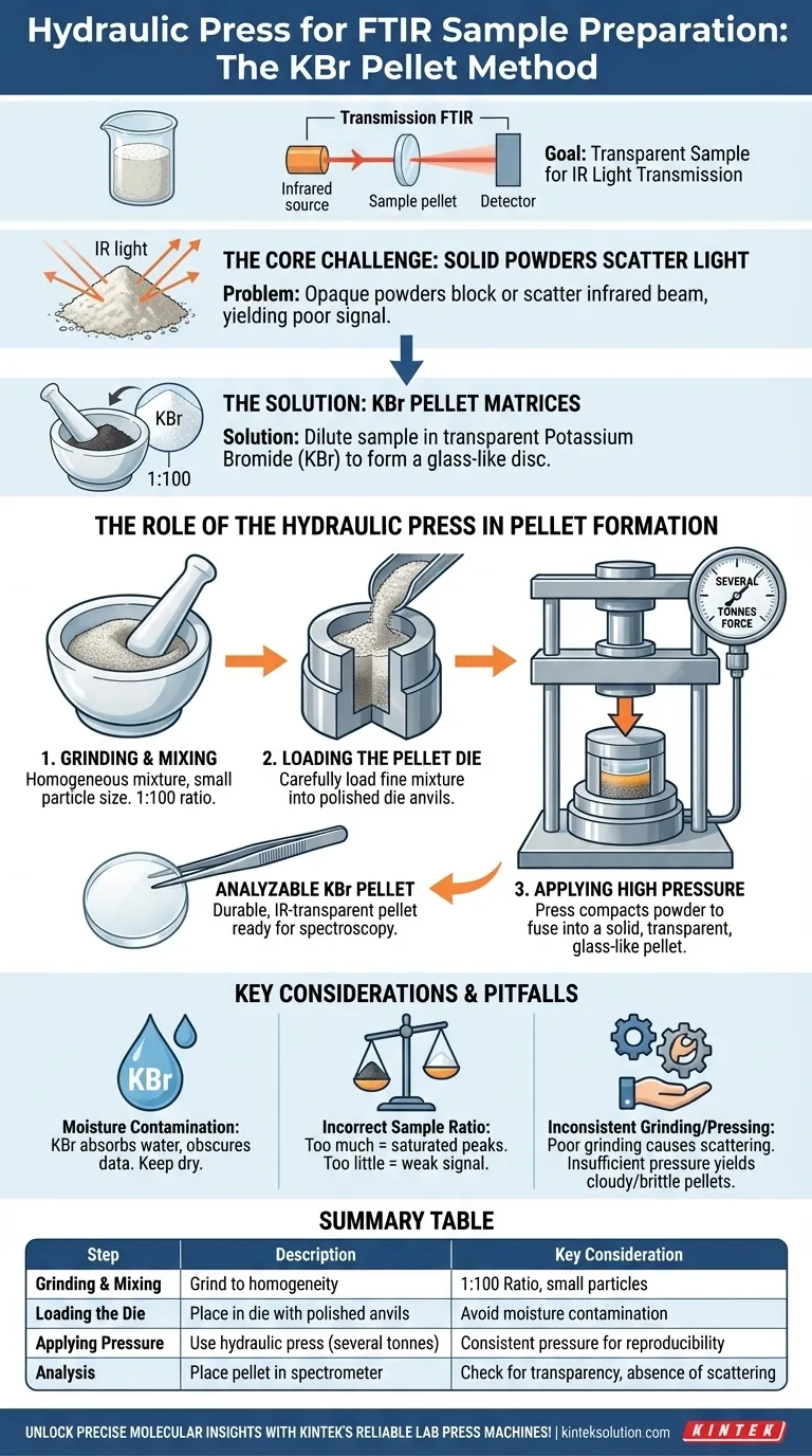 How is a laboratory hydraulic press used in sample preparation for FTIR spectroscopy? Create Transparent Pellets for Accurate Analysis Visual Guide
