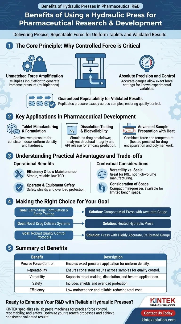 Каковы преимущества использования гидравлического пресса для исследований и разработок в фармацевтике? Достижение точного контроля силы для разработки лекарств Визуальное руководство