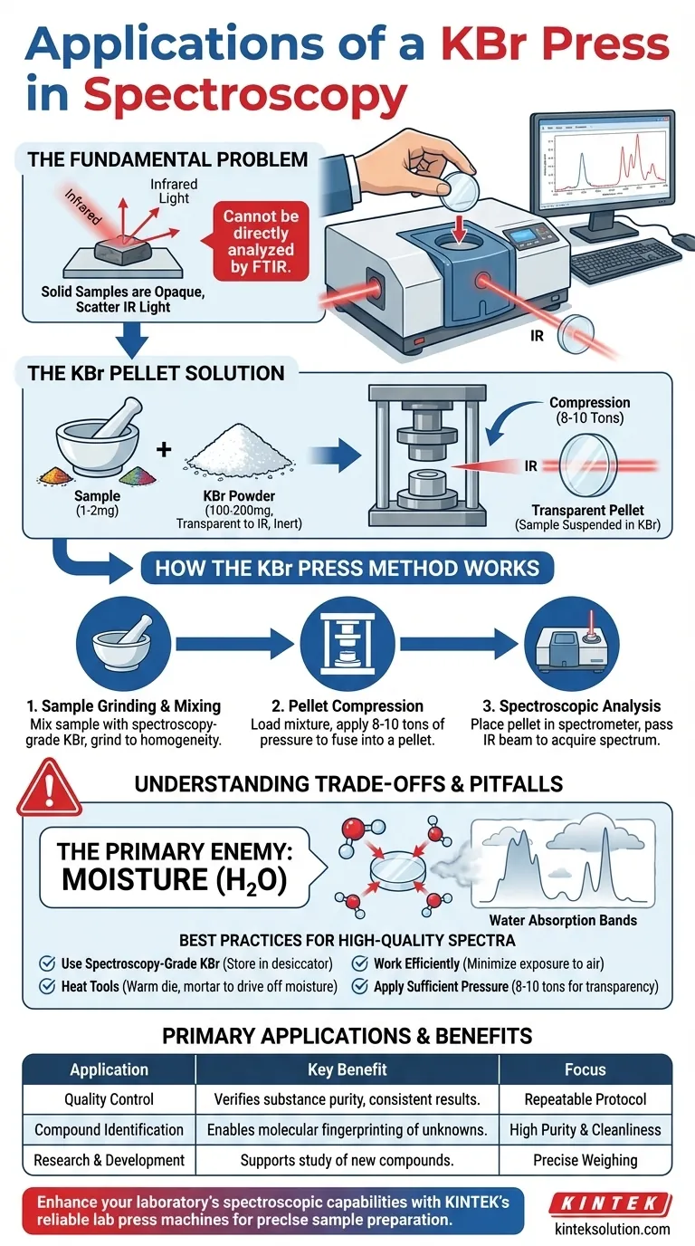 What are the primary applications of a KBr press in spectroscopy? Achieve Clear Molecular Analysis for Your Lab Visual Guide