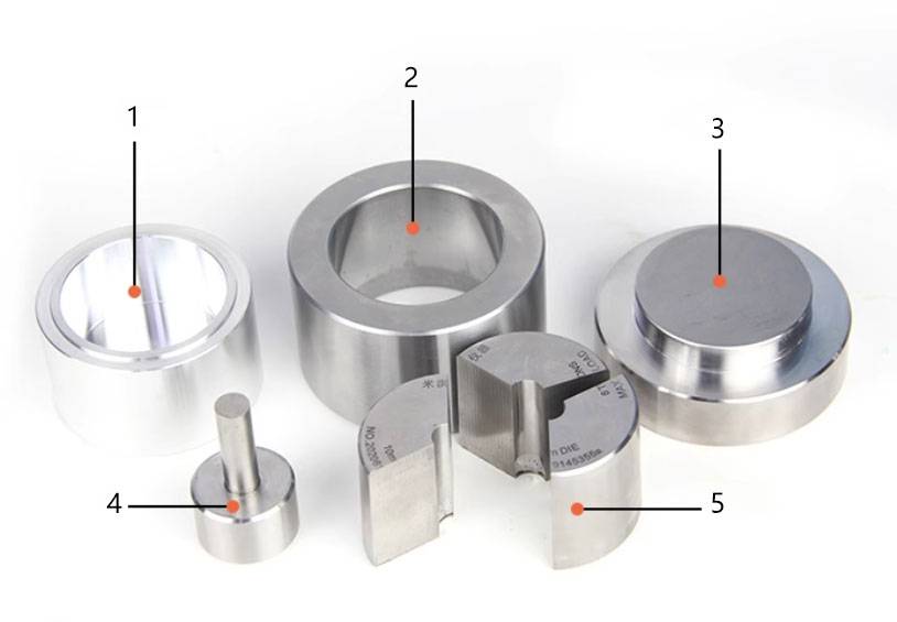 1. Manicotto di espulsione dello stampo 2. Manicotto dello stampo 3. Fondo dello stampo 4. Testata di pressione superiore 5. Apertura stampo